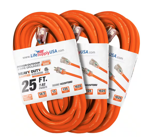 25 ft. 14-Gauge/3-Conductors SJTW 15 Amp Indoor/Outdoor Extension Cord with Lighted End Orange (3-Pack) - 91012243392