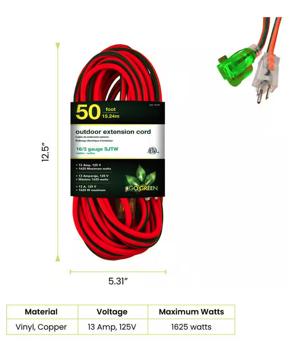 50 ft. 16/3 SJTW Outdoor Extension Cord - Orange with Lighted Green Ends - 91001271065