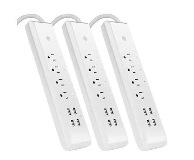 5 ft. Cord 15-Amp Alexa / Google Assistant Compatible Smart Wi-Fi 4-Outlet Power Strip with 4-USB Ports, White (3-Pack) - 91006376695