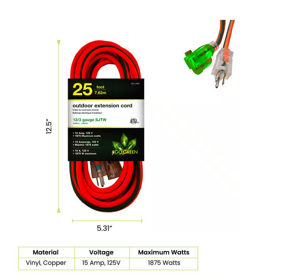 25 ft. 12/3 SJTW Outdoor Extension Cord - Orange with Green Lighted End (2-Pack)