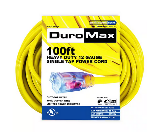 100 ft. 12 Gauge Portable Generator Single Tap Extension Power Cord - 91002671877