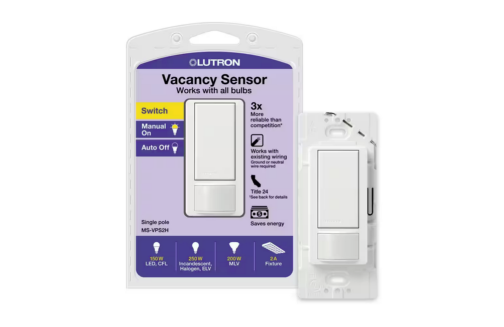 Maestro Vacancy-Only Sensor Switch, 2 Amp/Single-Pole, No Neutral Required, White (MS-VPS2H-WH) - 9159518