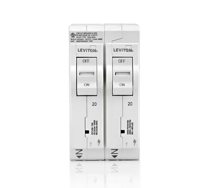 Leviton Surge Protective Device with Two 20 Amp 1-Pole Standard Thermal Magnetic Branch Circuit Breakers - 91010138092