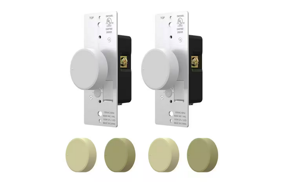 Rotary Dimmer Switch for Dimmable LED/CFL and Incandescent Bulbs, Single Pole/3-Way, White/Ivory/Almond (2-Pack) - 91006545943