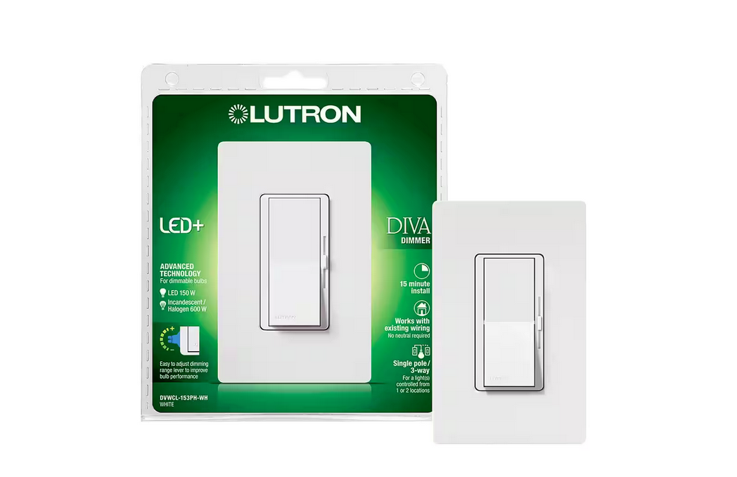 Diva LED+ Dimmer Switch with Wallplate for Dimmable LED Bulbs, 150-Watt/Single-Pole or 3-Way, White (DVWCL-153PH-WH) - 9530826