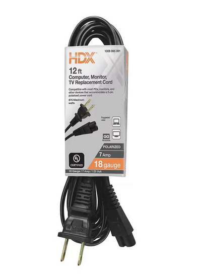 12 ft. 18/2 Light Duty Computer, Monitor, TV Replacement Cord, Black - 91008995991