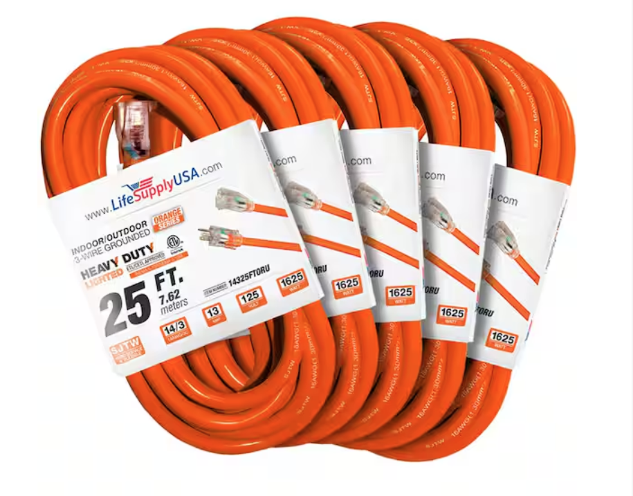 25 ft. 14-Gauge/3-Conductors SJTW 15 Amp Indoor/Outdoor Extension Cord with Lighted End Orange (5-Pack) - 91012243397