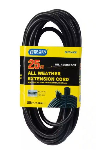 25 ft. 14/3 SJTOW 15 Amp/125-Volt All Weather Farm and Shop Extension Cord in Black - 91005068615