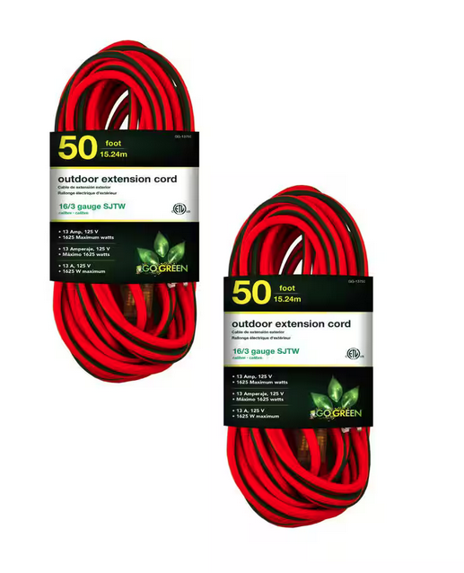 50 ft. 16/3 SJTW Outdoor Extension Cord - Orange with Green Lighted End (2-Pack)