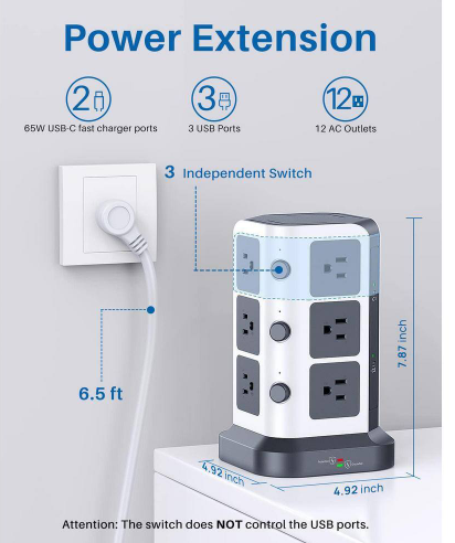 65-Watt PD Power Strip Tower Surge Protector, Desktop Charging Station with 12 AC Outlets/2 USB-C/3 USB-A Ports, Cord - 91012223278