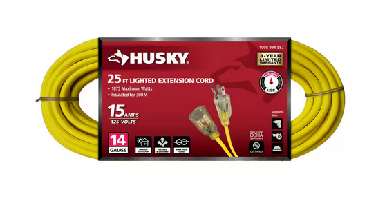 25 ft. 14/3 Medium Duty Indoor/Outdoor Extension Cord with Lighted End, Yellow - 91008994582