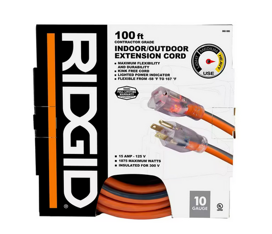 100 ft. 10/3 Heavy Duty Indoor/Outdoor SJTW Extension Cord with Lighted End, Orange/Grey - 9866886