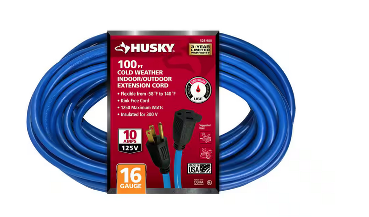 100 ft. 16/3 Medium Duty Cold Weather Indoor/Outdoor Extension Cord, Blue - 9528980