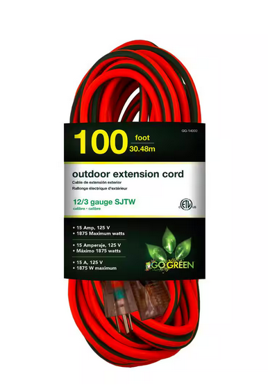 100 ft. 12/3 SJTW Extension Cord - Orange with Lighted Green End - 91001271075