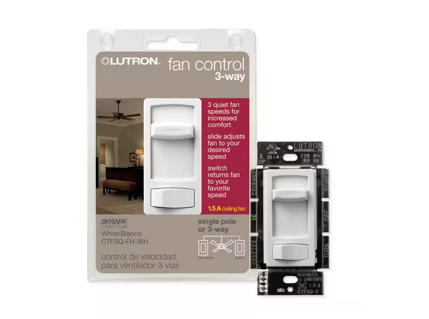 Skylark Contour Fan Control, Quiet 3-Speed, 1.5-Amp/Single-Pole or 3-Way, White (CTFSQ-FH-WH) - 9527476