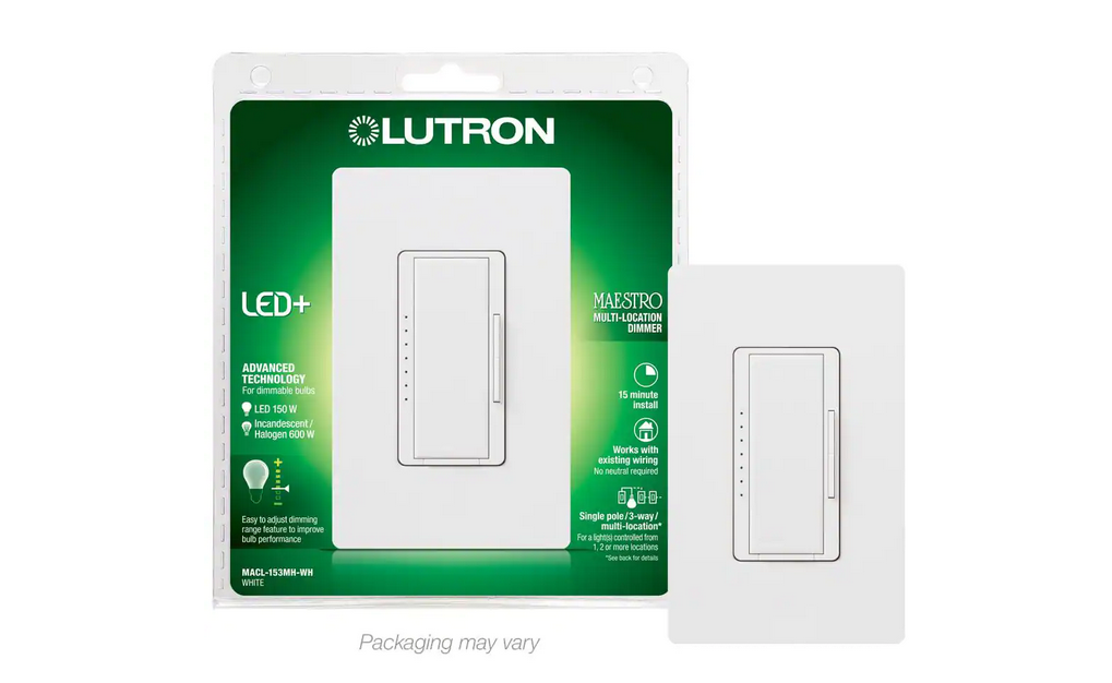 Maestro LED+ Dimmer Switch w/Wallplate for LED Bulbs, 150W/Single-Pole or Multi-Location, White (MACL-153MHW-WH)