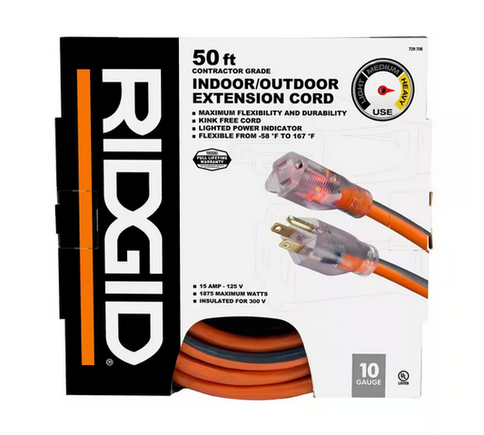 50 ft. 10/3 Heavy Duty Indoor/Outdoor SJTW Extension Cord with Lighted End, Orange/Grey - 9729706