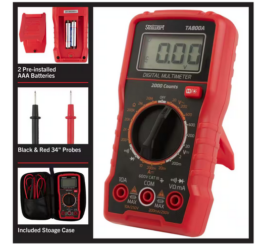 Digital Volt Meter with Backlit Display and Needle Probes for AC/DC Voltage, DC Current, and Wire Continuity (Red) - 91010562731
