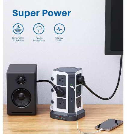 65-Watt PD Power Strip Tower Surge Protector, Desktop Charging Station with 12 AC Outlets/2 USB-C/3 USB-A Ports, Cord - 91012223278