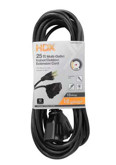 25 ft. 16/3 Light Duty Indoor/Outdoor Extension Cord with Multiple Outlet Triple Tap End, Black - 91008994910