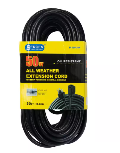 50 ft. 14/3 SJTOW 15 Amp/125-Volt All-Weather Farm and Shop Extension Cord in Black - 91005068617