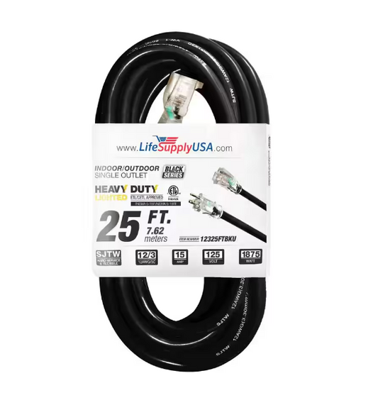 25 ft. 12-Gauge/3 Conductors SJTW Indoor/Outdoor Extension Cord with Lighted End Black (1-Pack) - 91011696016