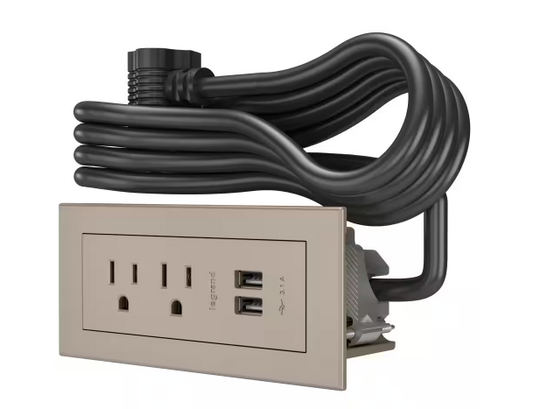 10 ft. Cord 15 Amp 2-Outlet and 2 Type A USB radiant Recessed Furniture Power Strip in Nickel - 91005774870