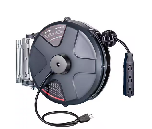 Retractable Extension Cord Reel 50 ft. Plus 3.2 ft. 16AWG/3C SJT with 3-Outlets Grounded Triple Tap Wall/Ceiling Mount - 91009434702