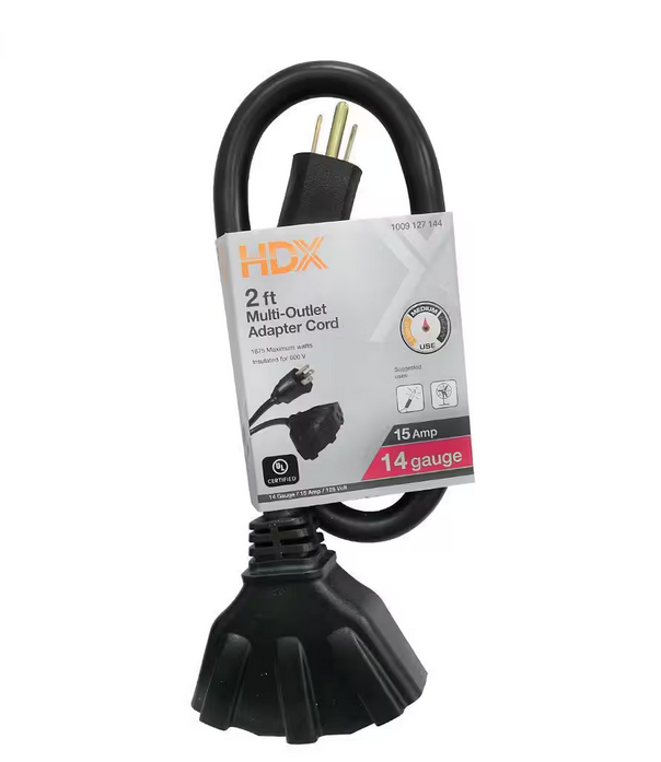 2 ft. 14/3 Medium Duty Indoor/Outdoor Adaptor Cord with Multiple Outlet Triple Tap End, Black - 91009127144