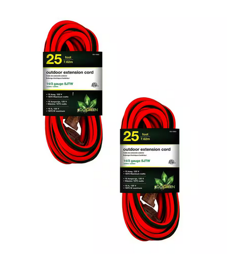 25 ft. 14/3 SJTW Outdoor Extension Cord - Orange with Green Lighted End - 2-Pack
