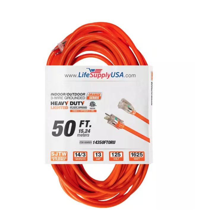 50 ft. 14-Gauge/3 Conductors SJTW 15 Amp Indoor/Outdoor Extension Cord with Lighted End Orange (1-Pack) - 91011843067