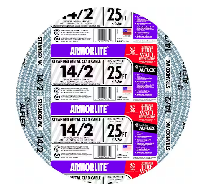 14/2 x 25 ft. Stranded CU MC (Metal Clad) Armorlite Cable - 9709196