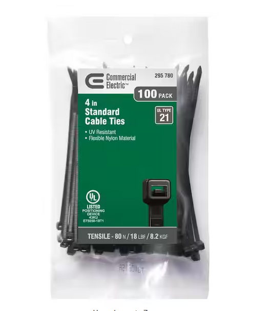 4in Miniature Standard UL 21 Rated Cable Zip Ties 100 Pack UV (Black) - 9295780