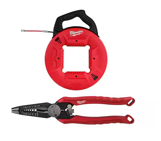 50 ft. x 13 in. Polyester Fish Tape with Flexible Metal Leader with 9 in. 7-in-1 Combination Wire Strippers Pliers - 91007928911