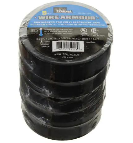 Wire Armour 3/4 in. x 60 ft. x 0.007 in. Contractor Pro Vinyl Tape, Black (5-Pack) - 91005160151