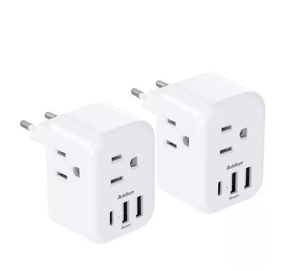 10 Amp. European International Grounded Plug Travel Adapter Type C with 3 Outlets 3 USB Ports 1 USB C (2-Pack) - 91012166215