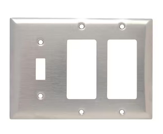 Pass & Seymour 302/304 S/S 3 Gang 1 Toggle 2 Decorator/Rocker Wall Plate, Stainless Steel (1-Pack) - 91002922767