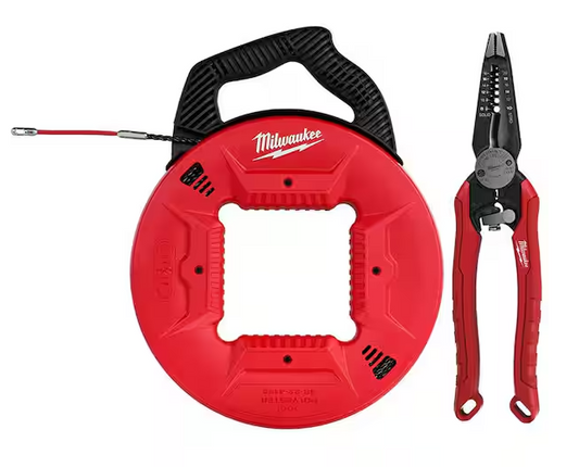 100 ft. Polyester Fish Tape with Flexible Metal Leader with 7-in-1 Combination Wire Strippers Pliers - 91006403665