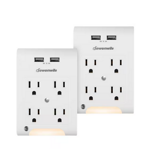 2 Pack 4- Outlet Extender with 2 USB Ports, Light Sensor Night Light, 1080 Joules Surge Protector, ETL Listed - 91010996863