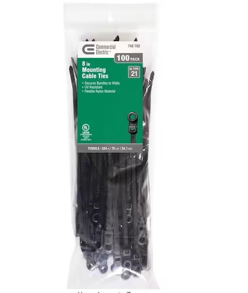 8in Mountable 75lb Tensile Strength UL 21 Rated Cable Zip Ties 100 Pack UV (Black) - 9748792