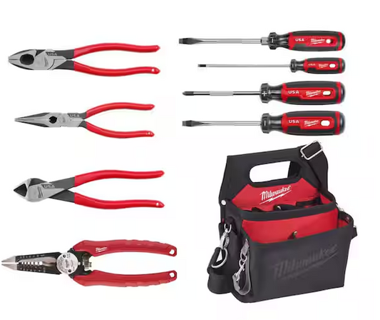 Electricians 9 in. Lineman's Dipped Grip Pliers with Wire Stripper, Work Pouch and Screwdriver Hand Tool Set (9-Piece) - 91010333455