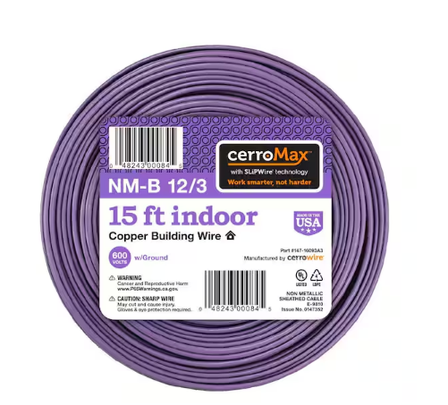 15 ft. 12/3 Purple Solid CerroMax SLiPWire Copper NM-B Wire - 91010898440