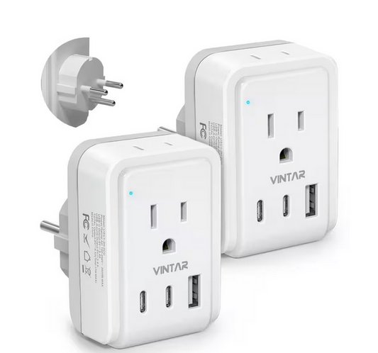 3.4 Amp. Grounded Plug Travel Adapter with 3 USB Ports 2 USB C and 2 Outlets 5 in 1 Type H Travel Adapter (2-Packs) - 91012130861