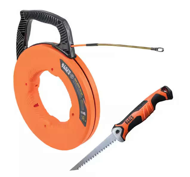 Multi-Groove Fiberglass 100 ft. Fish Tape with Spiral Steel Leader and Folding Jab Saw Tool Set