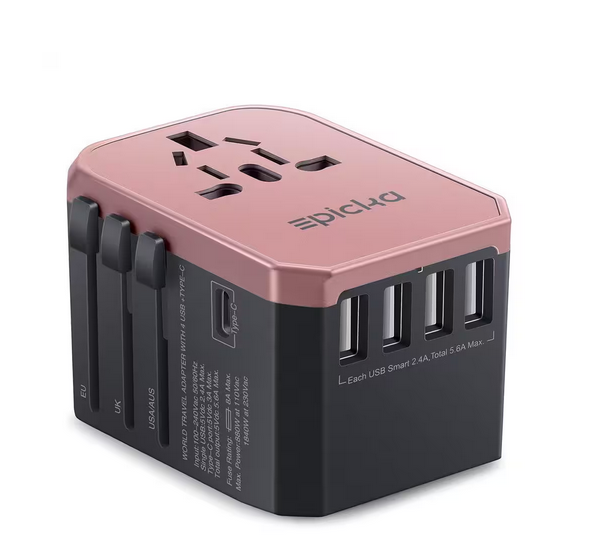 5 Amp Grounded Universal AC Plug Travel Adapter with 5 USB Ports in Rose Gold (1-Pack) - 91011983643