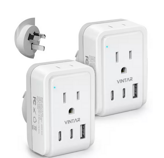 3.4 Amp. Grounded Plug Travel Adapter with 2 American Outlets 3 USB Ports 2 USB C 5 in 1 Type I Travel Adapter (2-Packs) - 91012140263