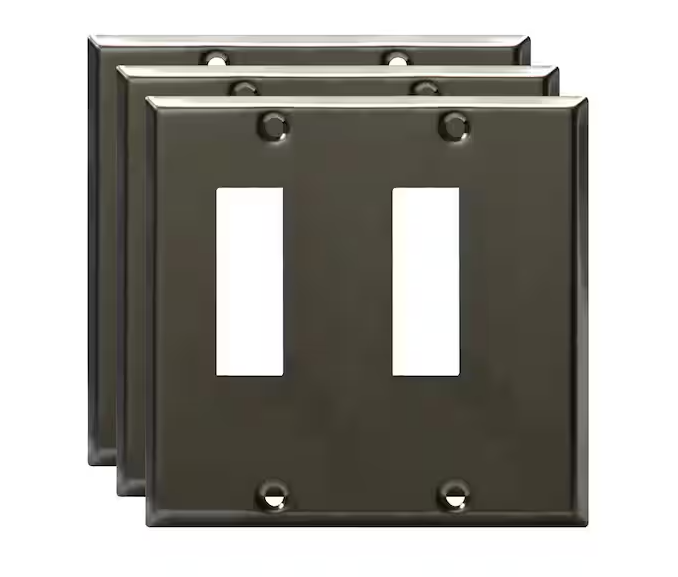 2-Gang Polished Black Decorator/Rocker Outlet Metal Wall Plate, 3-Pack - 91010015748