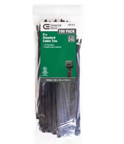 8in Standard 50lb Tensile Strength UL 21S Rated Cable Zip Ties 100 Pack UV (Black) - 9295813