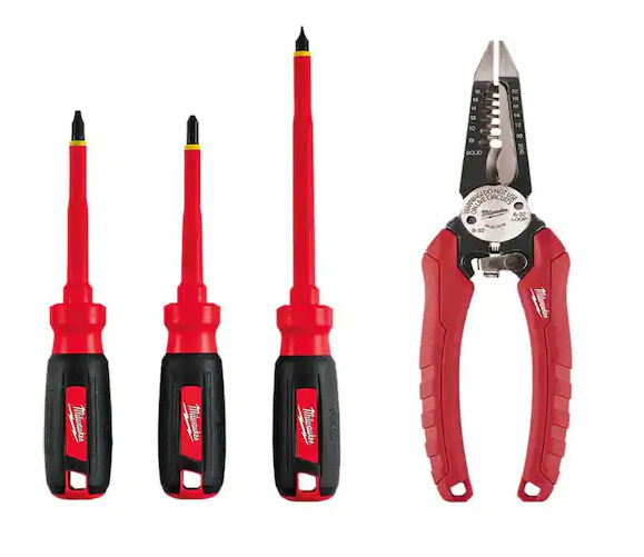 Electrician's 4-Piece Insulated Hand Tool Set with Screwdrivers and Wire Strippers - 91004489779