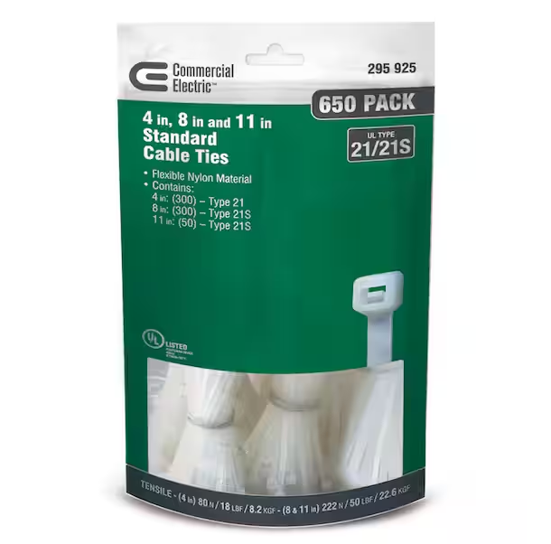 4in, 8in, 11in Assorted Standard UL 21S Rated Cable Zip Ties 650 COMBO Pack Natural (White) - 9295925